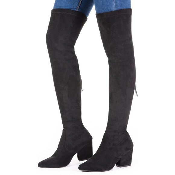 Women’s Thigh High Block Heel Boots - Pointed Toe Over the Knee Stretch Boots - Picture 6 of 8